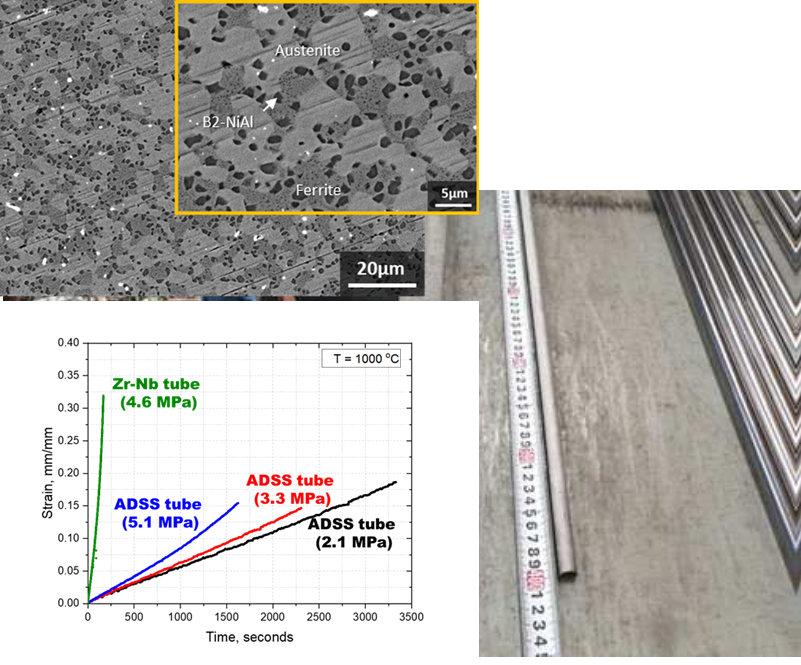 Microstructure (top left), creep curves at 1000 oC (bottom left), and fabricated tubes of ADSS alloy (bottom right)