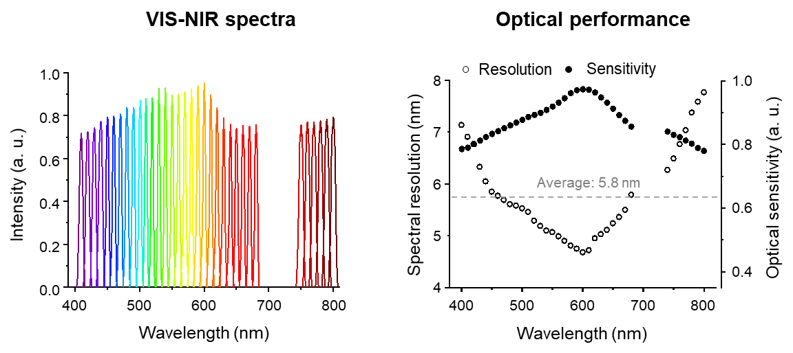 Figure 2. (left) Spectrum measurement of VIS-NIR region and (right) optical performance using solid immersion grating microspectrometer
