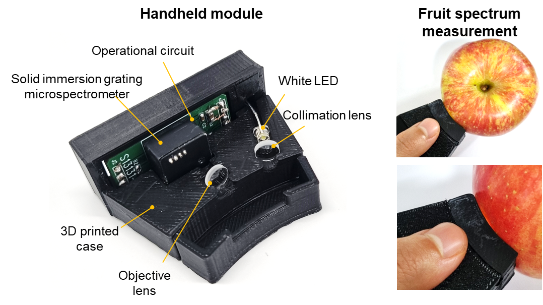 Figure 3. (left) Handheld module based on solid immersion grating microspectrometer and (right) fruit spectrum measurement