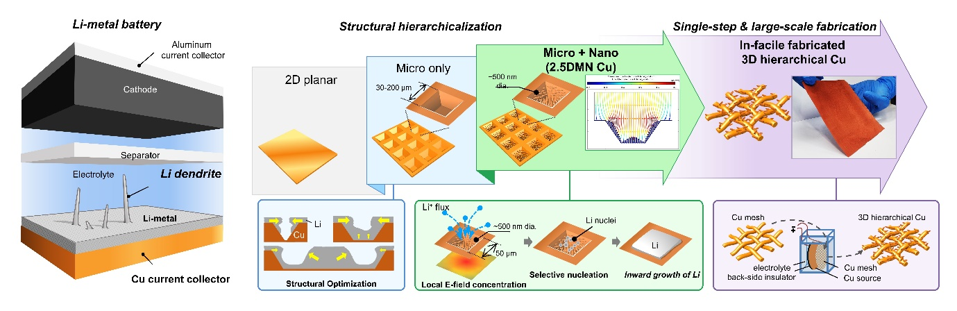 Figure 1. Illustration for dendrite failure in Li-metal batteries and research objectives: Structural optimization in microscale, selective nucleation of Li via micro- and nanostructured hierarchical surface, and development of facile/largescale fabrication process of three-dimensional and hierarchically structured current collector with selective nucleation and inward growth characteristics. [Copyright: Advanced Energy Materials 2023, 13, 2202321.]
