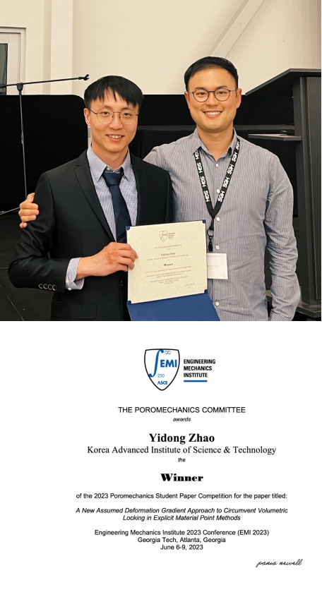 Figure 3. Yidong Zhao and Prof. Jinhyun Choo winning the 2023 Poromechanics Student Paper Competition at the ASCE EMI 2023 Conference