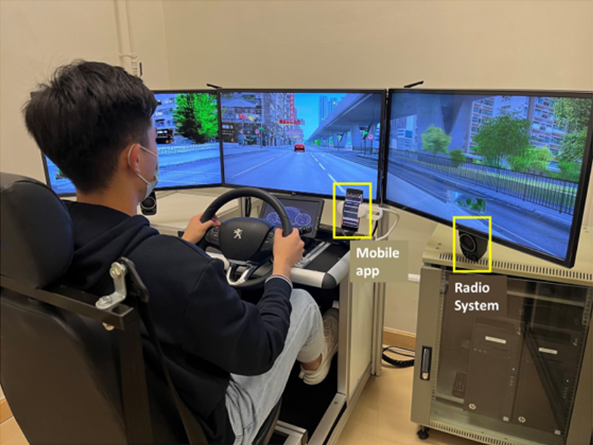 Driving simulator and scenarios of road environment: (a) Urban street and free-flow drive, (b) Urban street and car-following, (c) Motorway and free-flow driving, and (d) Motorway and car-following.