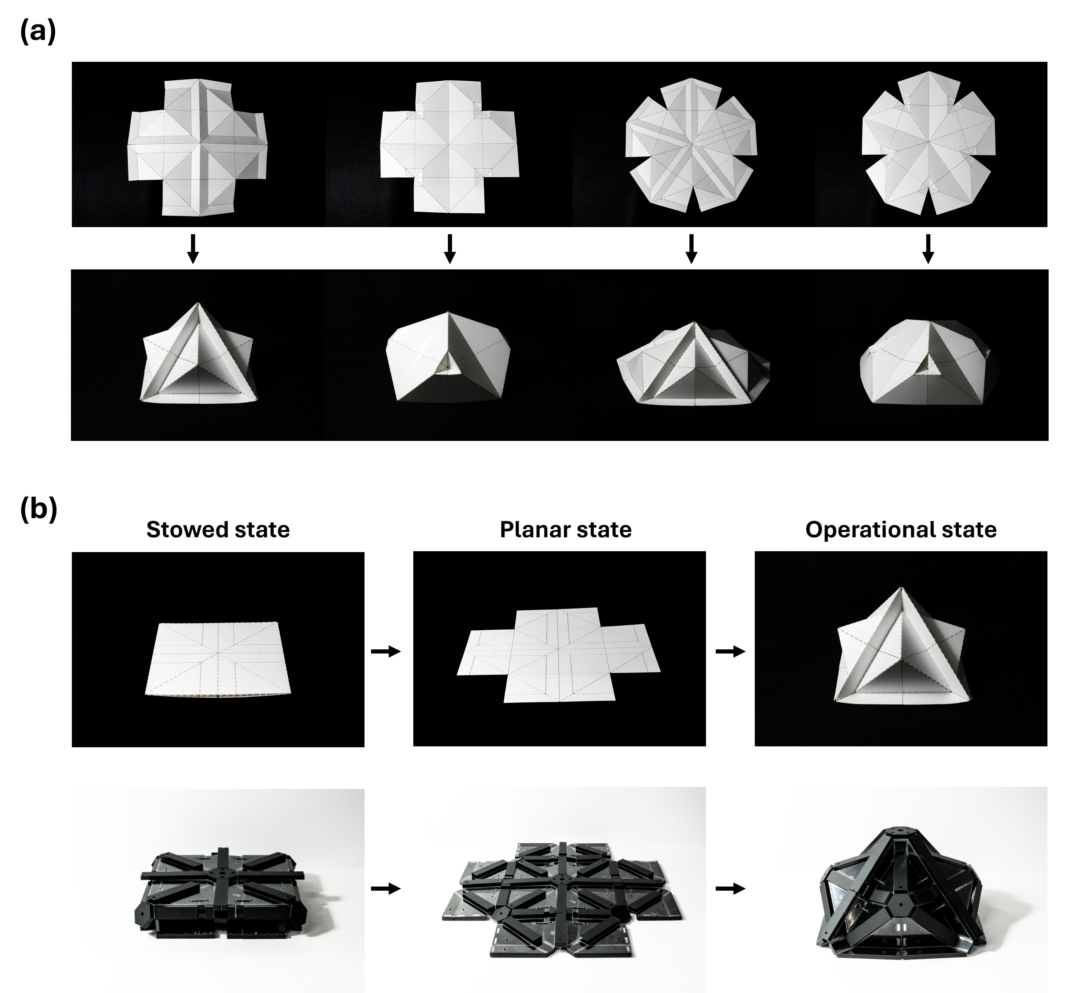 Figure 2. Foundational pattern for the deployable space shelter. (a) Various patterns and operational shapes and (b) the Folding process of paper model and thick-paneled model