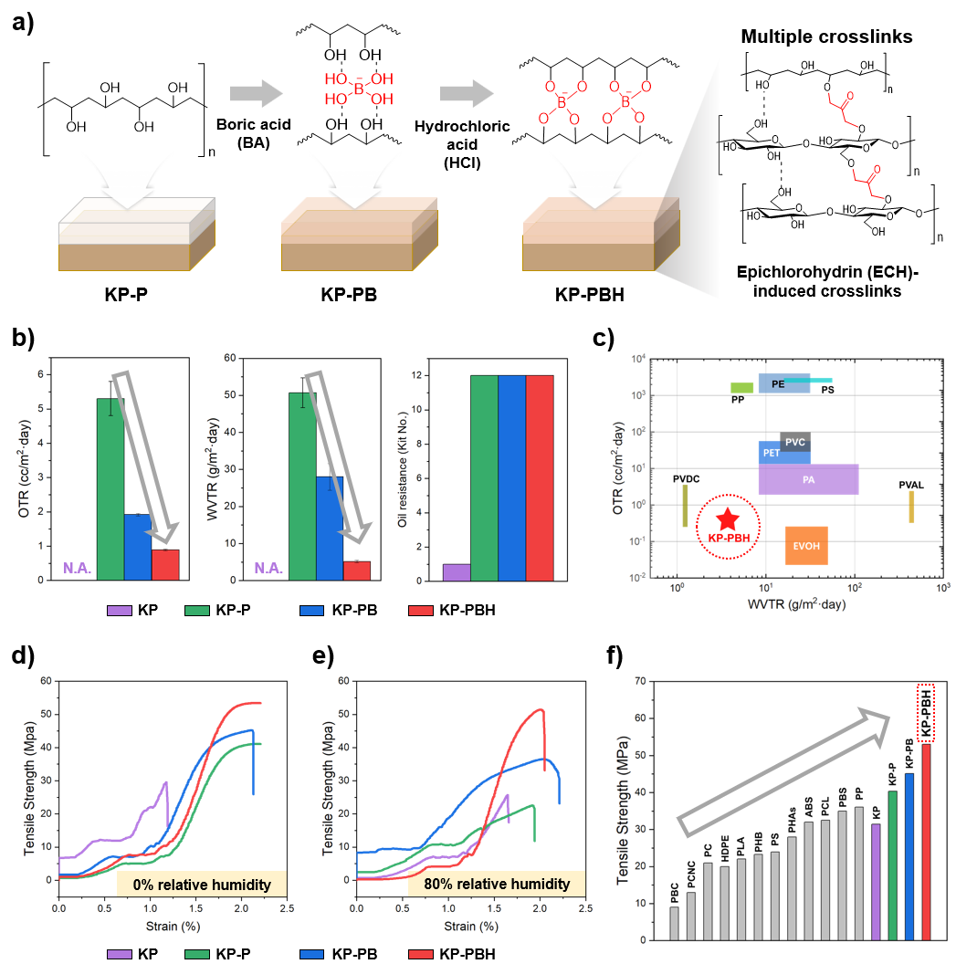 Figure 1. (a) Chemical structure of the boric-acid-crosslinked poly(vinyl alcohol) coating on kraft paper, (b-c) oxygen and water vapor barrier properties, and (d-f) tensile strength in dry and moist conditions. OTR: oxygen transmission rate, WVTR: water vapor transmission rate