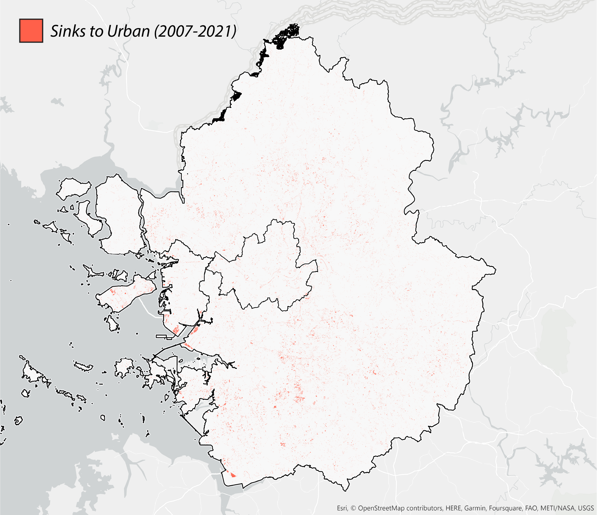 Figure 3. Land cover changes from carbon sinks to urban land